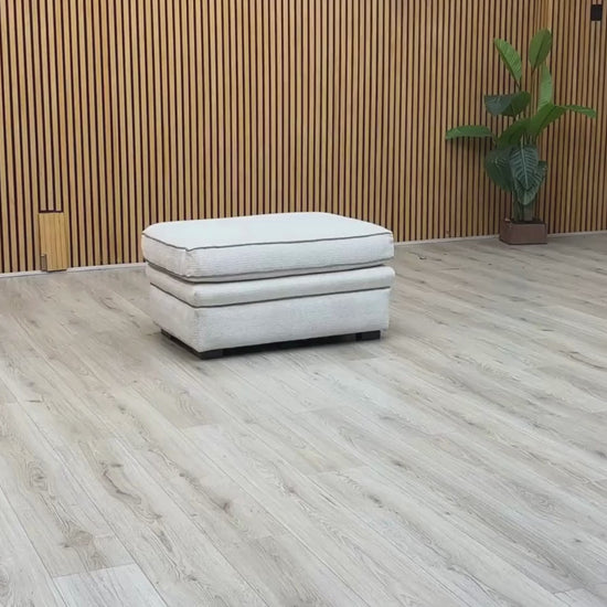 Video Of ‘Duresta Waldorf’ luxury rectangular footstool, beautifully upholstered in an Ivory White fabric with elegant contrasting grey piping borders.