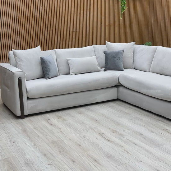 Video tour of the Barney silver velvet chaise sofa, demonstrating the soft fabric texture and the scale of the right-hand facing configuration.