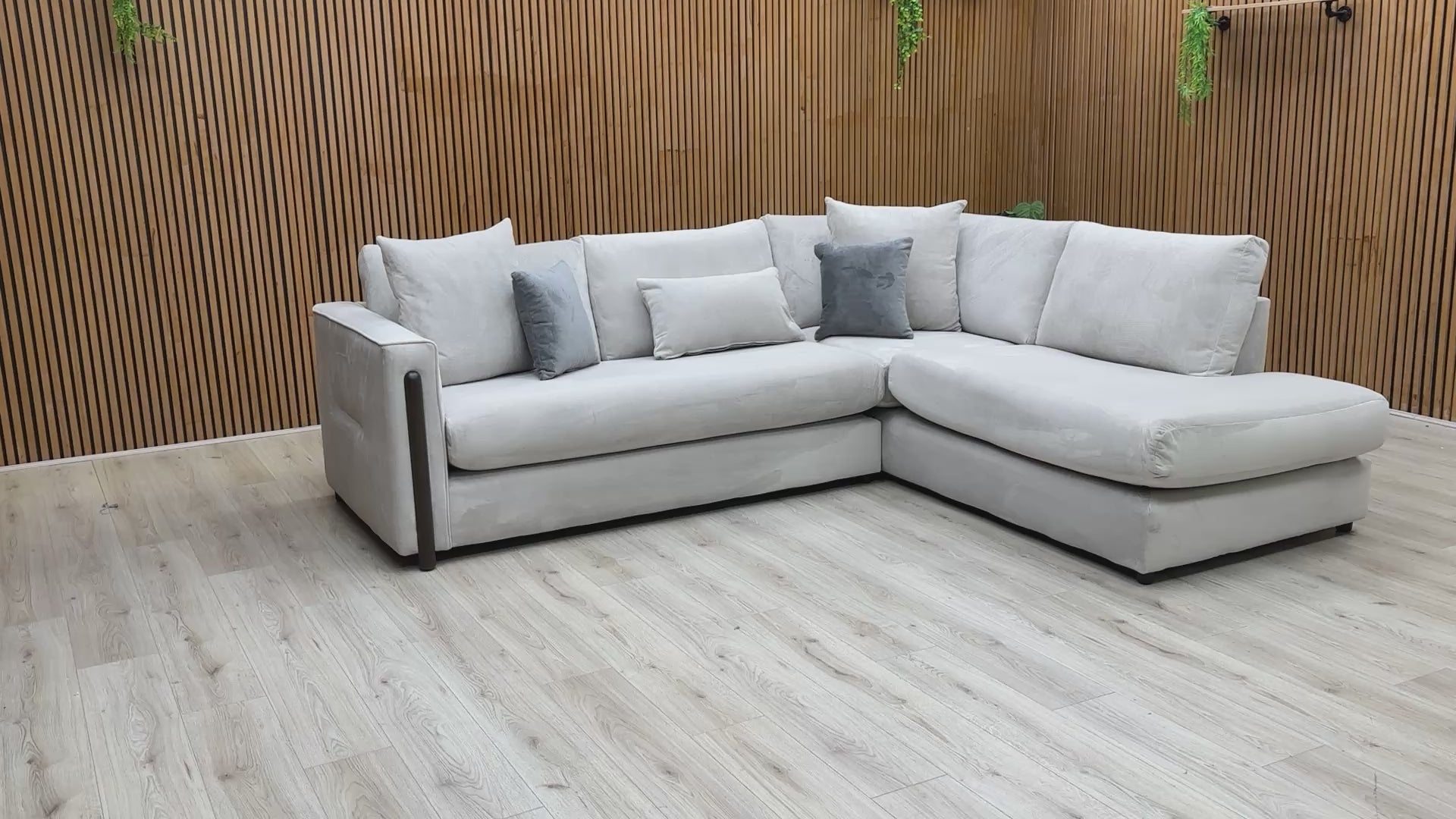 Video tour of the Barney silver velvet chaise sofa, demonstrating the soft fabric texture and the scale of the right-hand facing configuration.