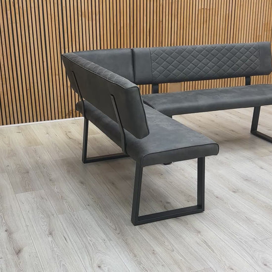 Product video tour of the ‘Warrior’ Grey Fabric Corner Dining Bench, demonstrating the fabric texture, seating firmness, and the stability of the metal frame.