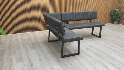 Product video tour of the ‘Warrior’ Grey Fabric Corner Dining Bench, demonstrating the fabric texture, seating firmness, and the stability of the metal frame.