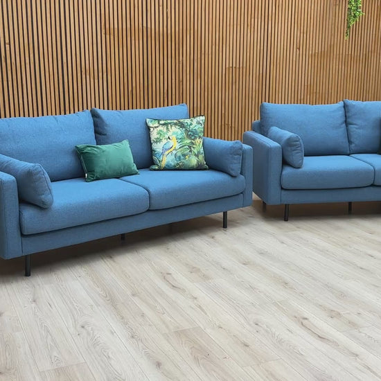 Video demonstrating the features and comfort of the ‘Wren’ Navy Blue Fabric Sofa Set.