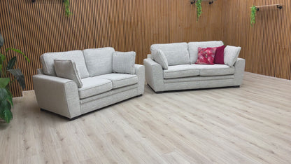 Video of size, style, and woven fabric of the Sofology Chalfont Grey Sofa Set in a room setting.