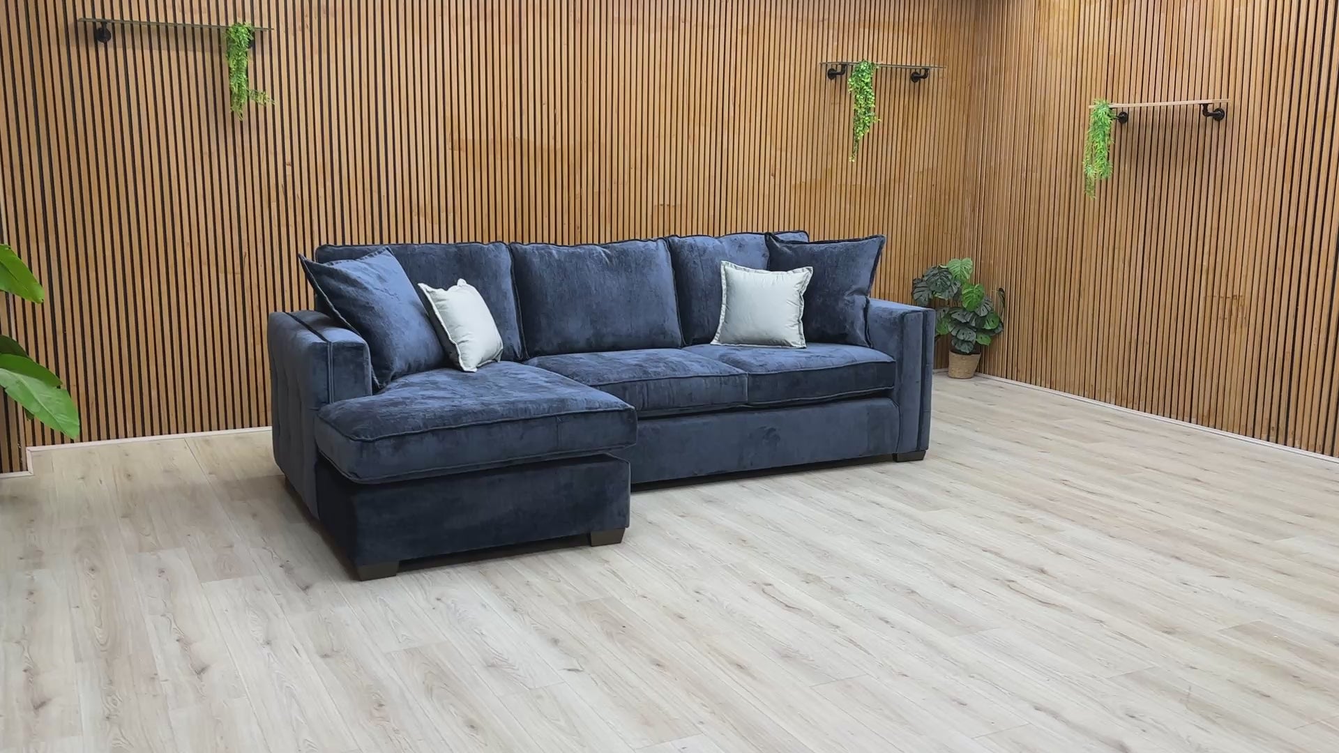 Product walkthrough of the Chelsea Large Corner Chaise, demonstrating the textured soft weave fabric and the comfort of the medium-firm foam cushions.
