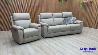 ‘Raven’ Oslo Light Grey Cat-40_27 Leather 3 Seater Power Recliner Sofa with Power Headrests + Power Chair