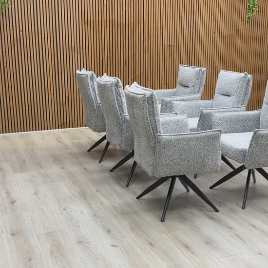 Video showcasing the swivel feature and the light grey textured chenille fabric of the ‘Sarah’ dining chair.