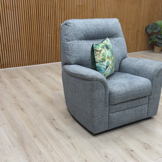 Product video tour of the Parker Knoll ‘Hudson 23’ Dash Blue Fabric Chair, demonstrating the supportive back height, the resilience of the cushioning, and the premium build quality.