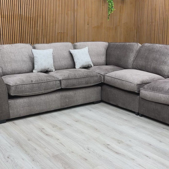 Video showcasing the size, design, and Stone Grey Vogue Velvet fabric texture of the ‘Rosie’ Corner Sofa.