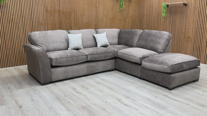 Video showcasing the size, design, and Stone Grey Vogue Velvet fabric texture of the ‘Rosie’ Corner Sofa.