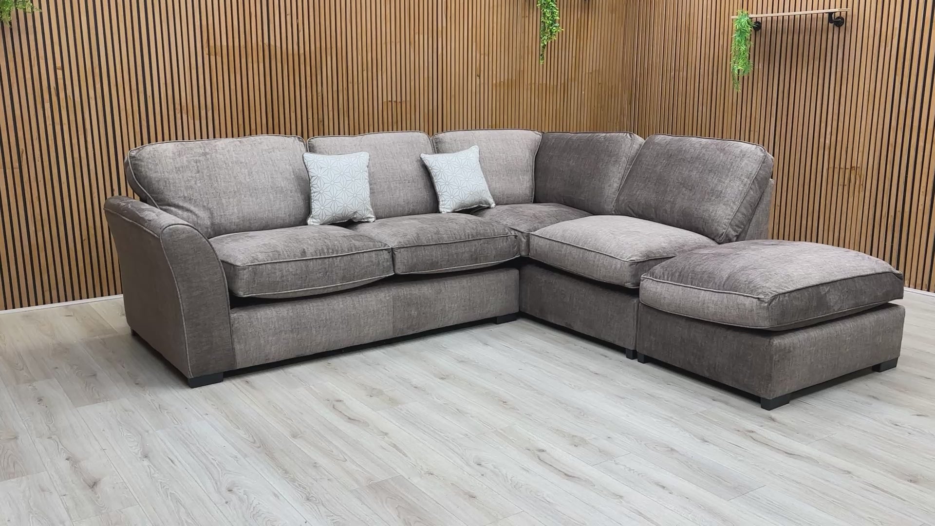 Video showcasing the size, design, and Stone Grey Vogue Velvet fabric texture of the ‘Rosie’ Corner Sofa.