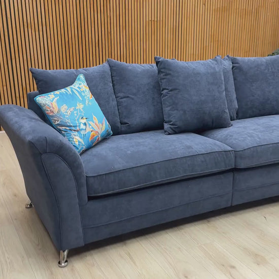 Video Of ‘Dury’ contemporary 4-seater sofa, beautifully tailored in textured rich Blue fabric upholstery with an innovative split-frame design for easy home delivery.