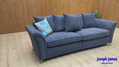 Video Of ‘Dury’ contemporary 4-seater sofa, beautifully tailored in textured rich Blue fabric upholstery with an innovative split-frame design for easy home delivery.
