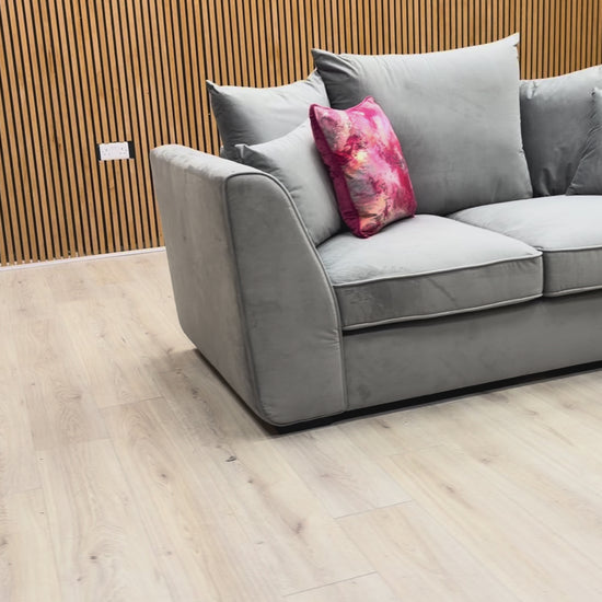 Product video tour showcasing the soft texture of the grey velvet and the comfortable scatter back design of the Cairo sofa.