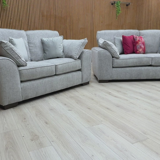 Video  for a clip demonstrating the size, fabric texture, and comfort features of the 'Harvey' Paso Light Grey Chenille 3 + 2 Seater Sofa Set.