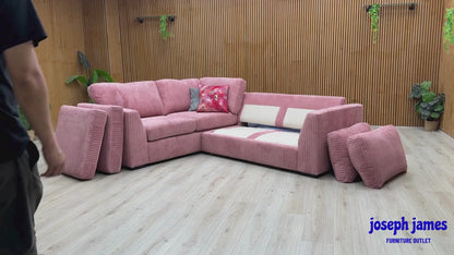 ‘Heydon’ Blush Pink Marley Jumbo Cord Fabric Right Hand Facing Arm Open End Deluxe Corner Sofa Bed