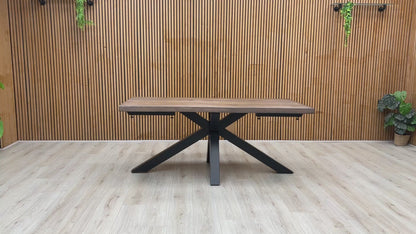 ‘Mars’ Dark Oak Solid Oak Raw Edge 180cm Dining Table with Metal Star Base + Double Extension Leaf