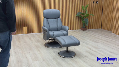 'Elm' Petrol Blue Leather Swivel Recliner Chair and Footstool