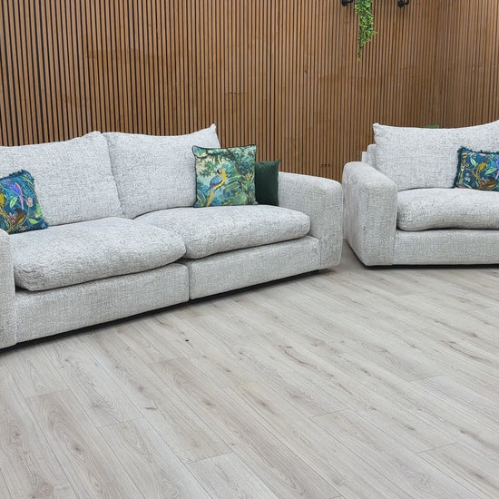 Video Preview  for a product video, likely demonstrating the size, fabric quality, and components of the sofa set.