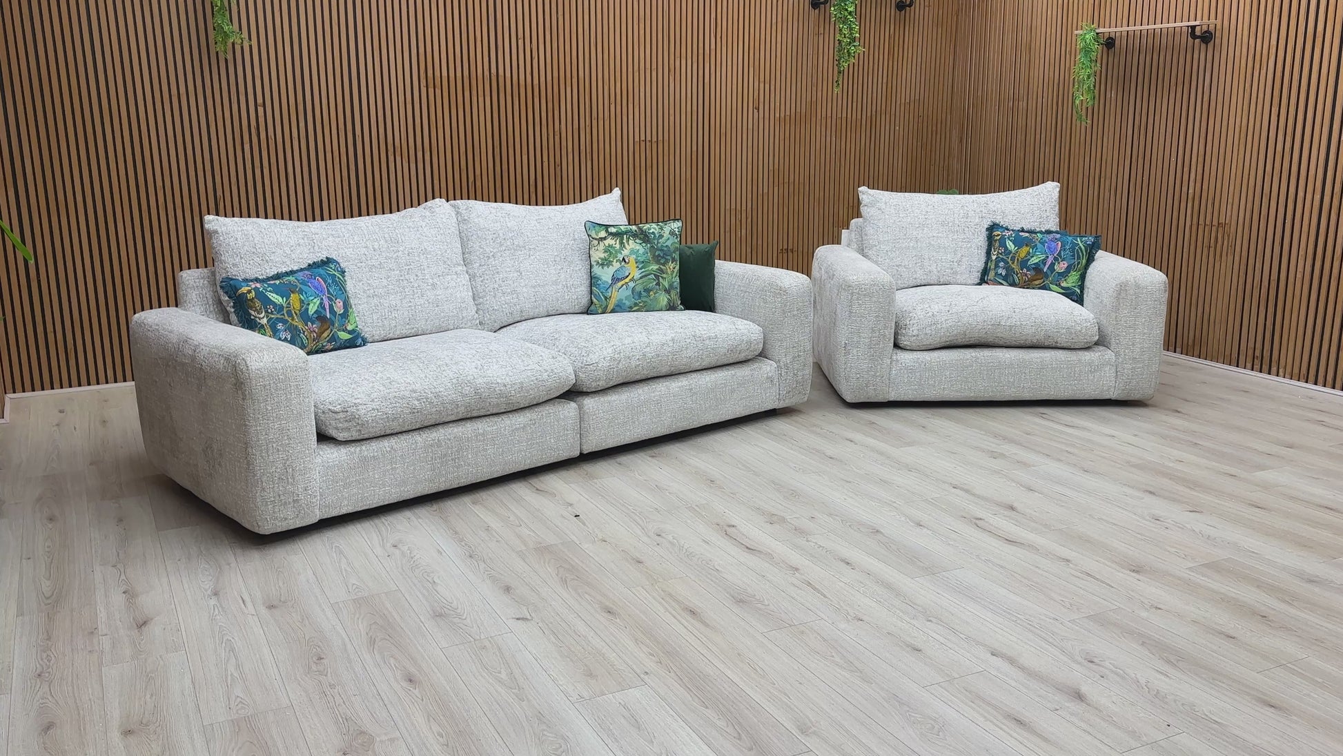 Video Preview  for a product video, likely demonstrating the size, fabric quality, and components of the sofa set.