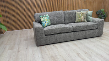 Video of Furniture Village ‘Emilia’ classic 4-seater sofa, elegantly tailored in a luxurious mink colored woven fabric.