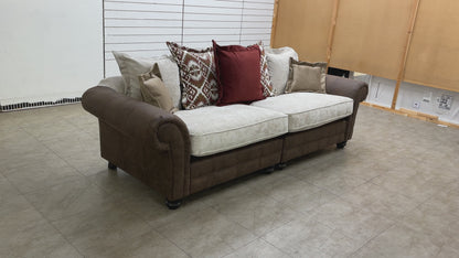 ‘Asia’ Aphrodite Beige Leather + Fabric Combination Scatter Back 4 Seater Split Sofa