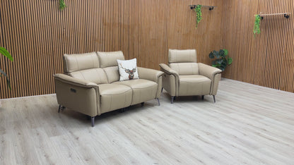 ‘Jude’ Montana Barley Cat-60:06 Leather 2 Seater Power Recliner Sofa with Telescopic Headrest + Power Armchair with Telescopic Headrest