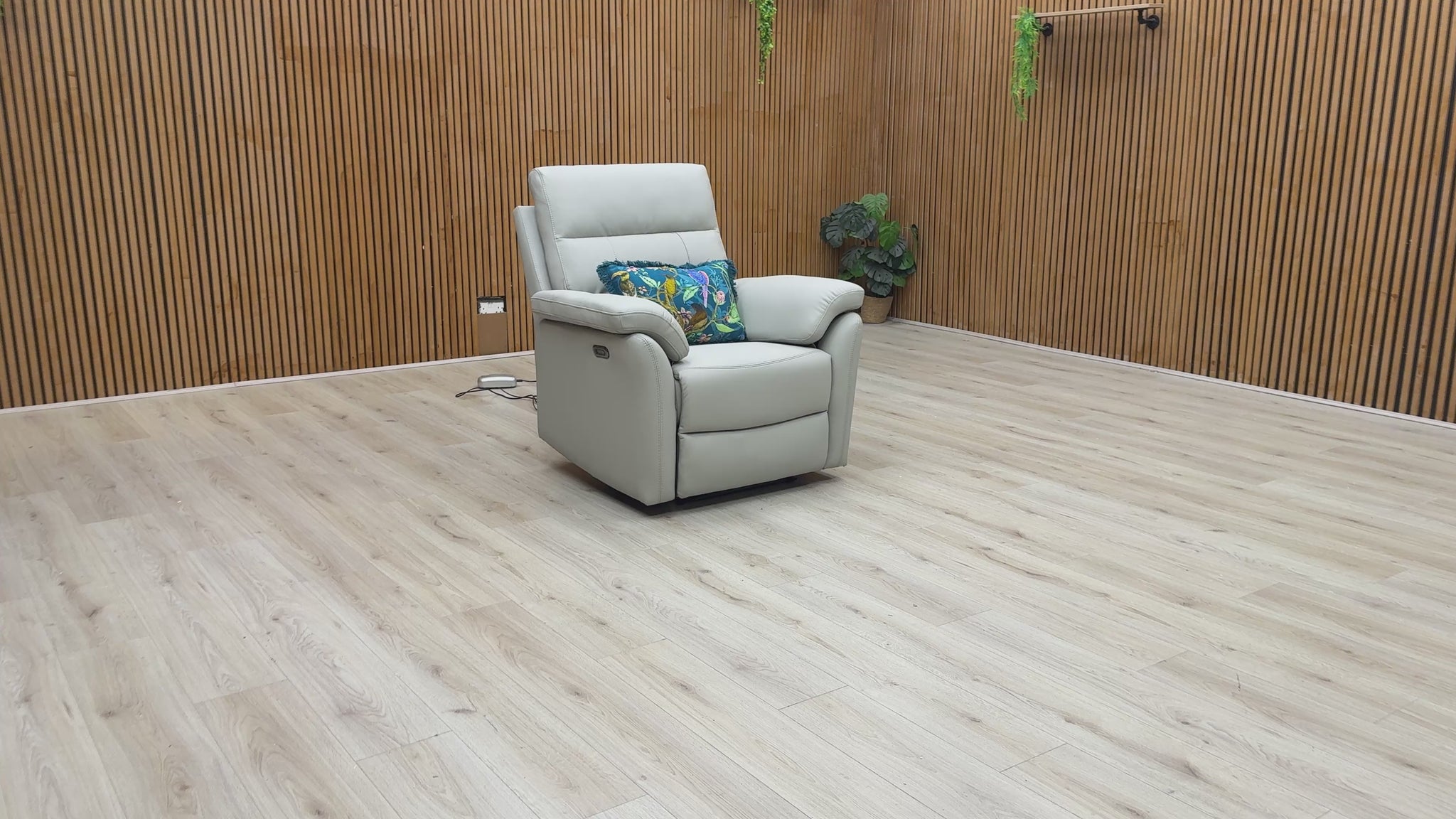 Video demonstration showing the Sally chair's electric power reclining mechanism and smooth footrest extension.