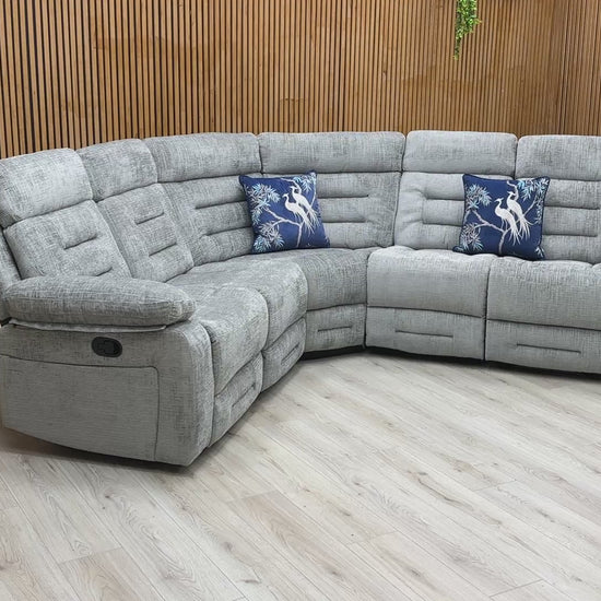 Video preview demonstrating the scale and functionality of the Wilbur Grey Fabric Manual Recliner corner sofa.