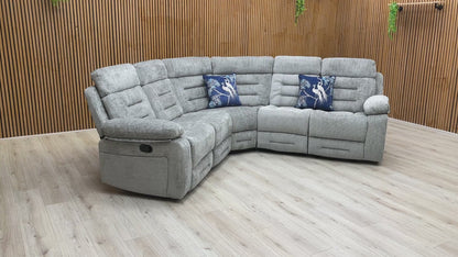 Video preview demonstrating the scale and functionality of the Wilbur Grey Fabric Manual Recliner corner sofa.