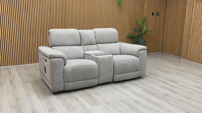 'Genius’ Anivia Khaki 14445 Fabric 2 Seater Power Recliner Media Sofa with Power Headrests, Power Lumbar and Heated Seats