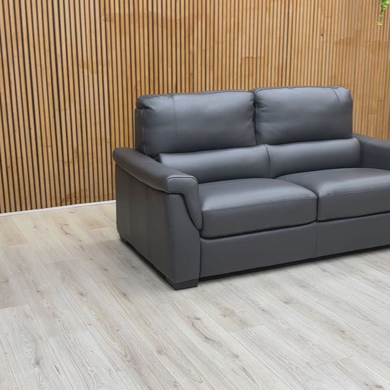 Product video tour of the ‘Amore’ Medium Grey Cat-50 Leather 3-Seater Sofa, providing a 360-degree view of the design and upholstery quality.