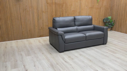 Product video tour of the ‘Amore’ Medium Grey Cat-50 Leather 3-Seater Sofa, providing a 360-degree view of the design and upholstery quality.