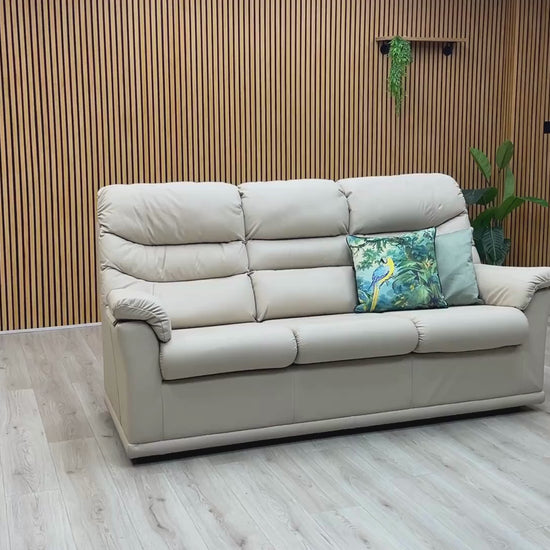 Video Of ‘G Plan Malvern’ contemporary 3-seater sofa, beautifully tailored in luxurious, high-grade L840 Cambridge Chalk leather upholstery.
