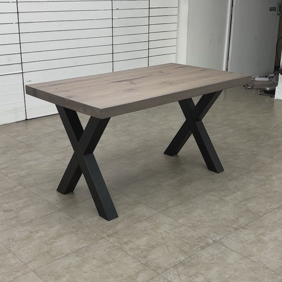 Product walk-around video detailing the solid oak construction and the industrial-style metal base.