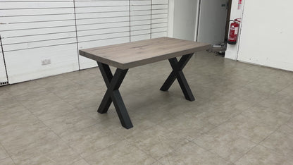 Product walk-around video detailing the solid oak construction and the industrial-style metal base.