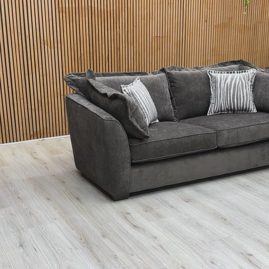 Product video tour of the ‘Finchley’ Moleskin Brown Chenille 3 Seater Sofa, demonstrating the fabric’s durability, cushion recovery, and overall build quality.