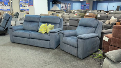 G Plan ‘Thornbury’ A125 Stingray Indigo Velvet 3 Seater Power Recliner Sofa with Power Headrest and Power Lumbar + Power Chair