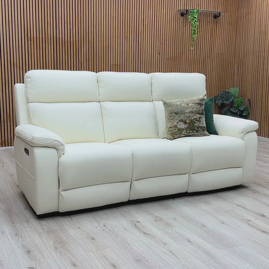 Video Of ‘Raven’ contemporary living room suite, showcasing a luxury 3-seater power recliner sofa beautifully upholstered in pristine Oslo Cotton White Category 40_13 premium leather.