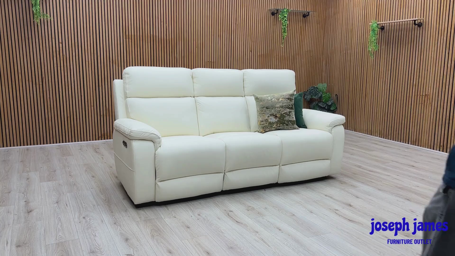 Video Of ‘Raven’ contemporary living room suite, showcasing a luxury 3-seater power recliner sofa beautifully upholstered in pristine Oslo Cotton White Category 40_13 premium leather.