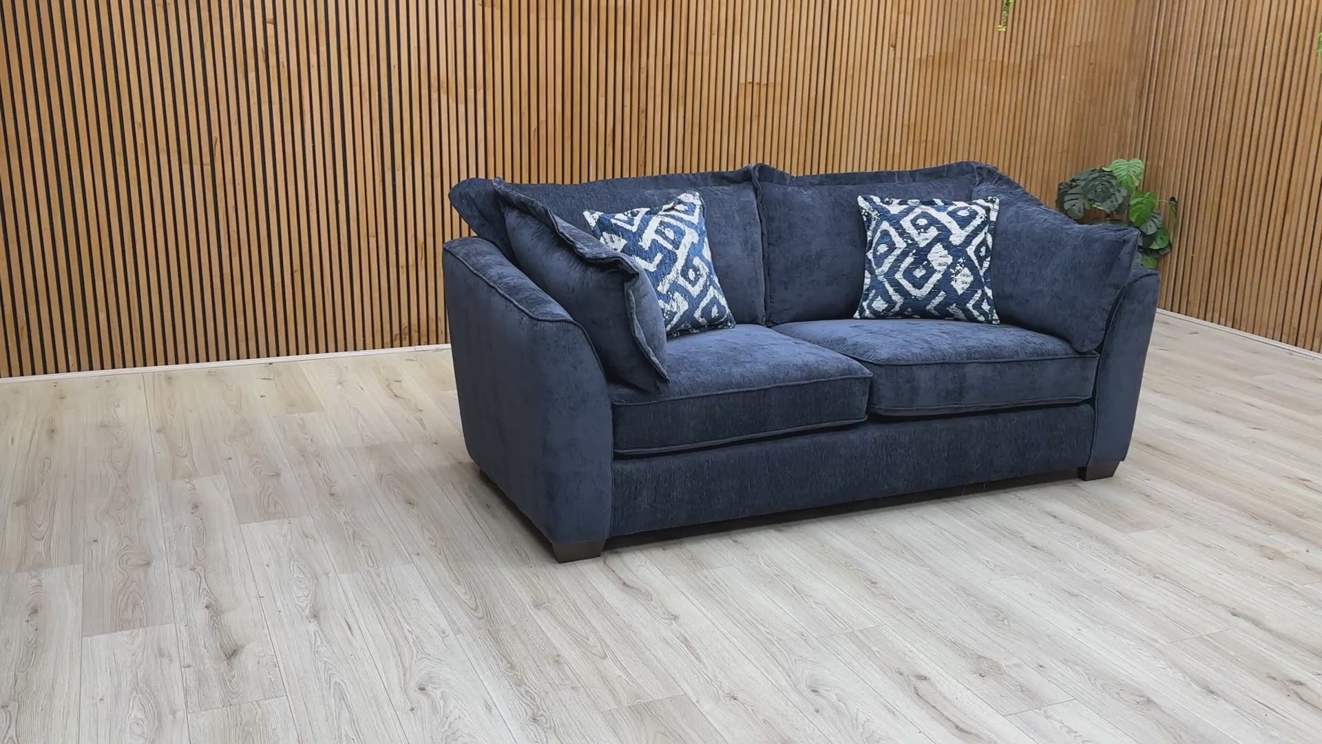 Product video tour of the ‘Finchley’ Denim Blue Soft Weave 3 Seater Sofa, demonstrating the fabric’s tactile quality, seat rebound, and overall build quality.