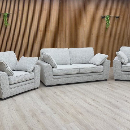 Video presentation of the 'Chalfont' Sofa Set, showcasing the soft, woven Sort Grey fabric upholstery.