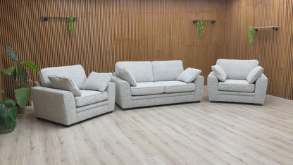 Video presentation of the 'Chalfont' Sofa Set, showcasing the soft, woven Sort Grey fabric upholstery.
