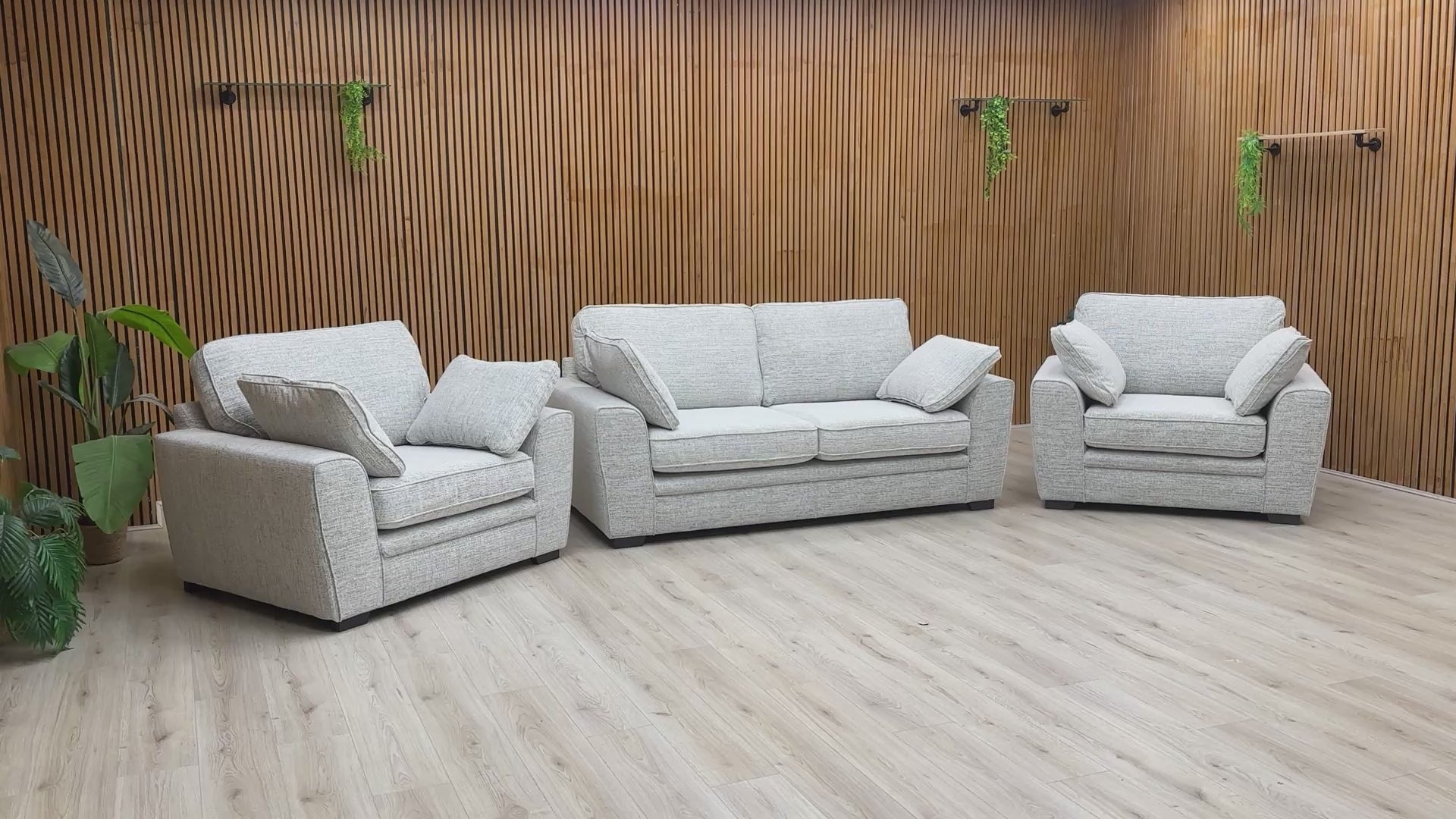 Video presentation of the 'Chalfont' Sofa Set, showcasing the soft, woven Sort Grey fabric upholstery.