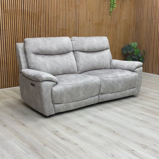 Video demonstrating the smooth power recline function of the 'Sloane' Marble Stone Grey Velvet Sofa.