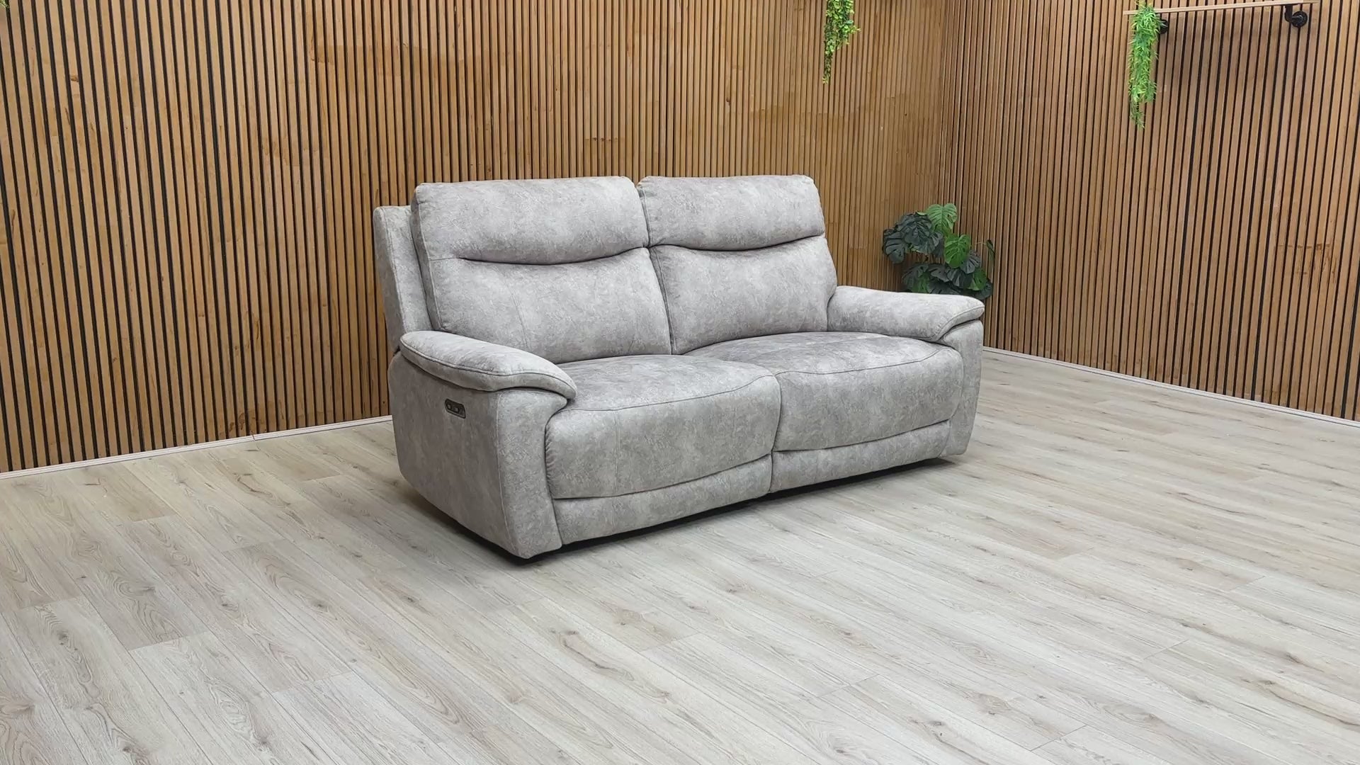 Video demonstrating the smooth power recline function of the 'Sloane' Marble Stone Grey Velvet Sofa.