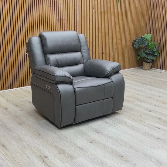 Video Of  ‘Vegas’ contemporary power recliner armchairs, showing a matching set of 2 individual chairs beautifully upholstered in a durable, high-grade charcoal grey microfibre.