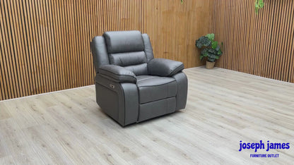 Video Of  ‘Vegas’ contemporary power recliner armchairs, showing a matching set of 2 individual chairs beautifully upholstered in a durable, high-grade charcoal grey microfibre.