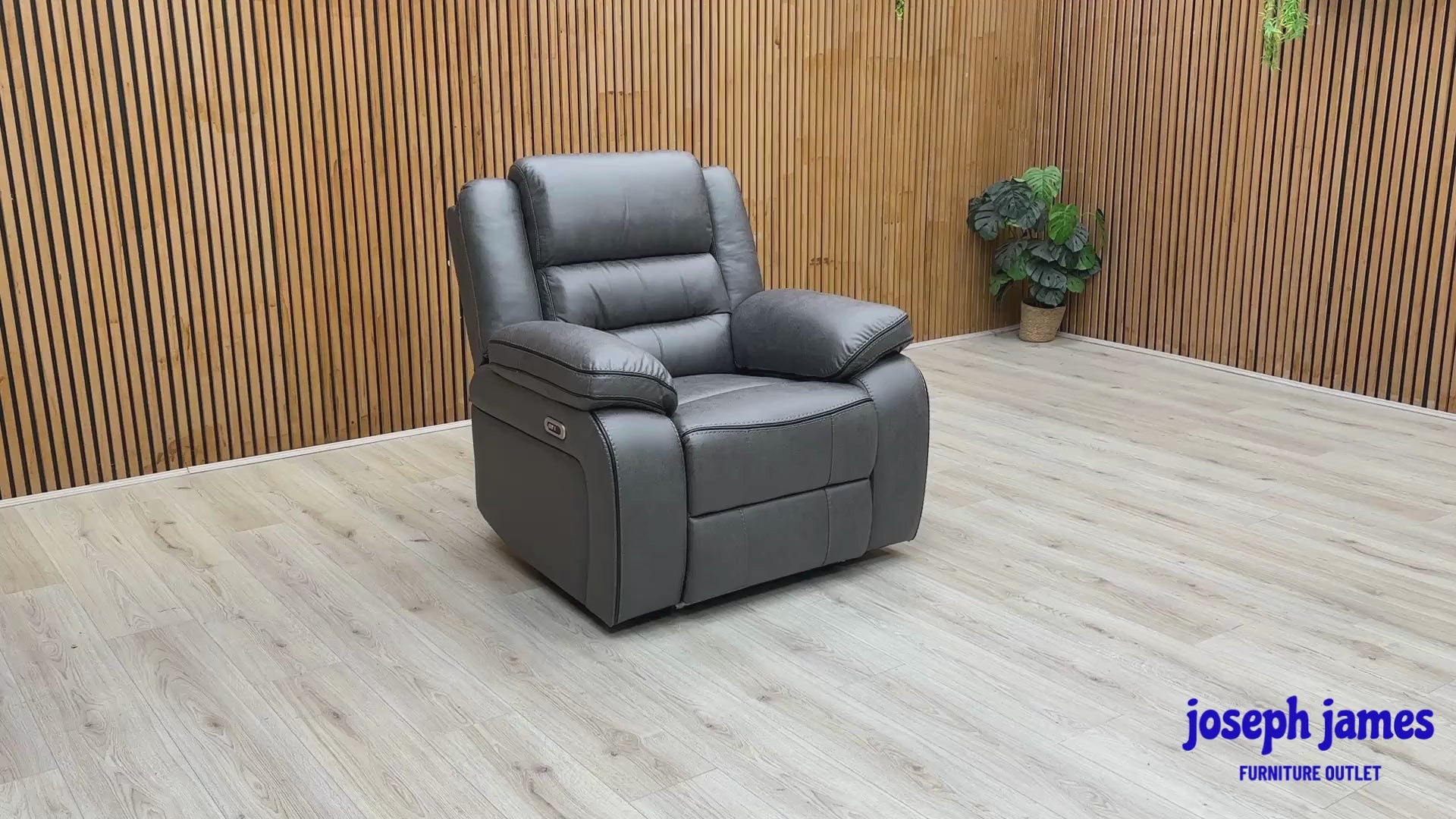 Video Of  ‘Vegas’ contemporary power recliner armchairs, showing a matching set of 2 individual chairs beautifully upholstered in a durable, high-grade charcoal grey microfibre.