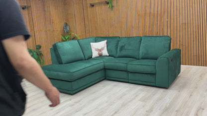 ‘Orka’ Forest Green Sensual Velvet Right Hand Facing Arm Open End Chaise Manual Recliner Corner Sofa