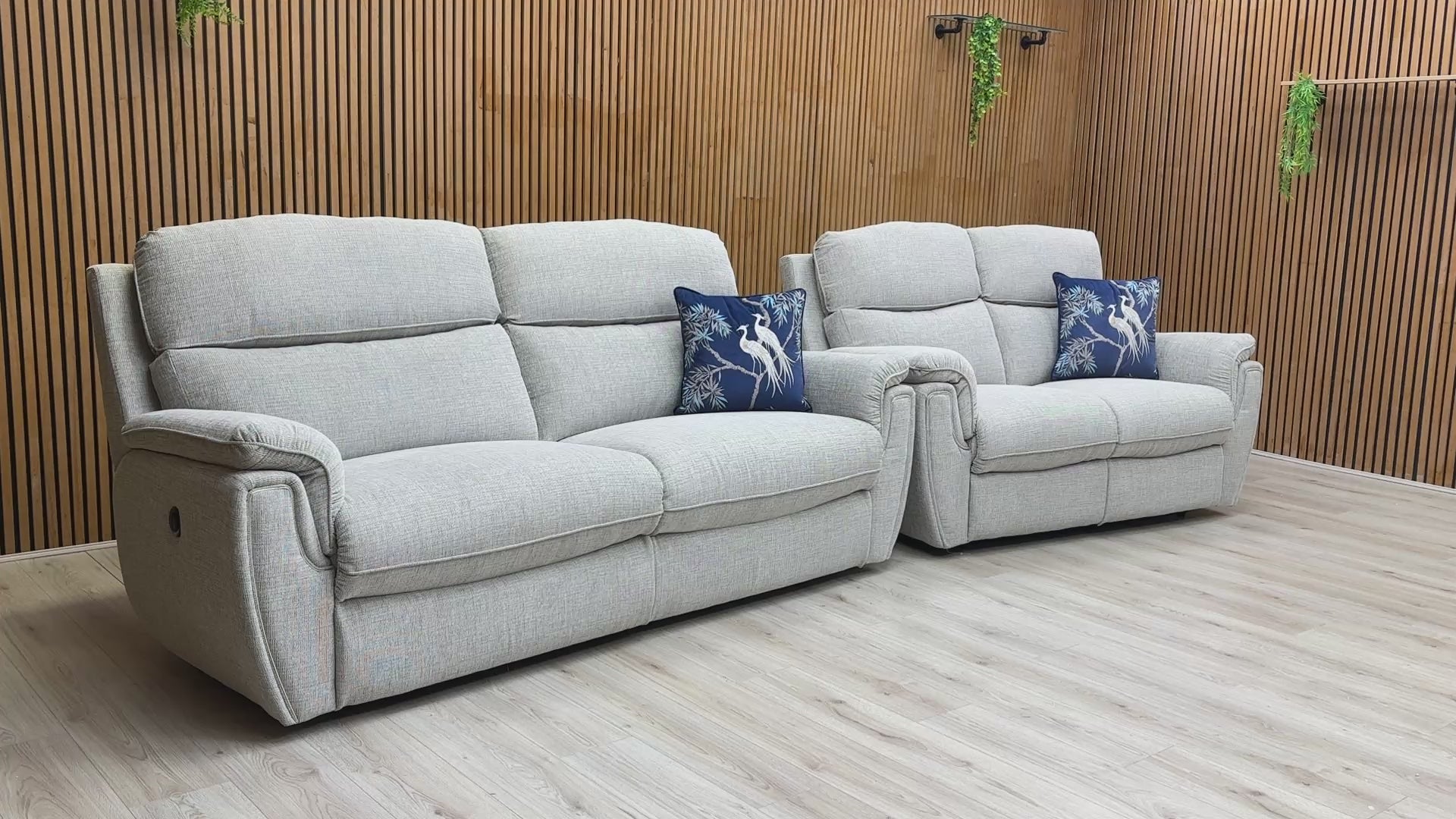 Product video tour of the ‘Ashton’ Bariba Grey 3+2 Power Recliner Set, demonstrating the smooth reclining motion, fabric texture, and overall comfort.